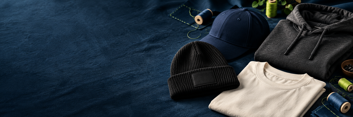 Personalisierte Kleidung und Accessoires auf dunkelblauem Stoff mit Mütze, Cap, Hoodie und T-Shirt