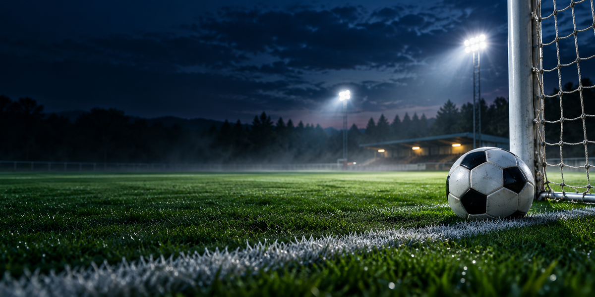 Fußballplatz mit Flutlicht, Ball und Tor bei Abenddämmerung